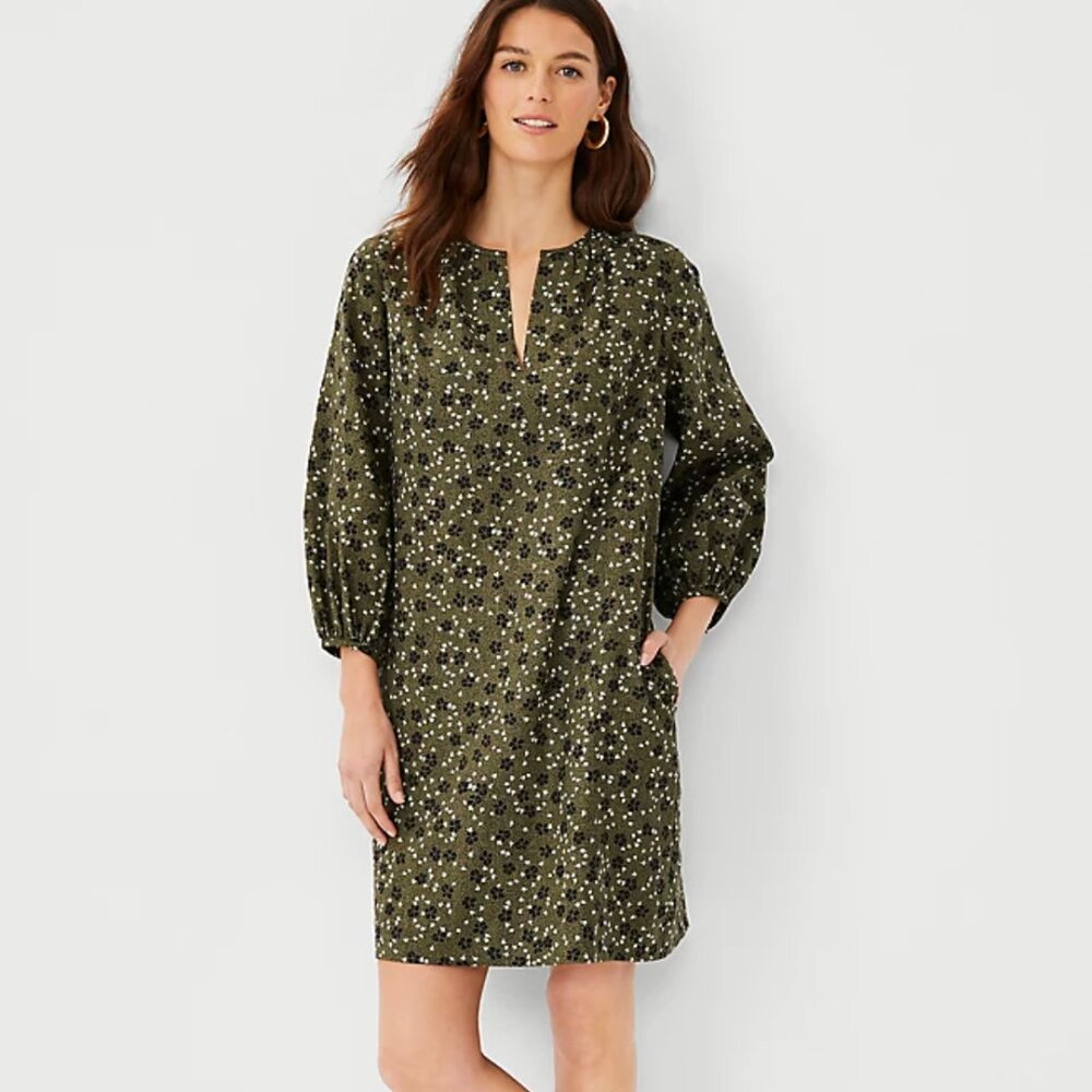 NWT ANN TAYLOR | Linen Blend Green Floral Pocket Shift Dress Petite
